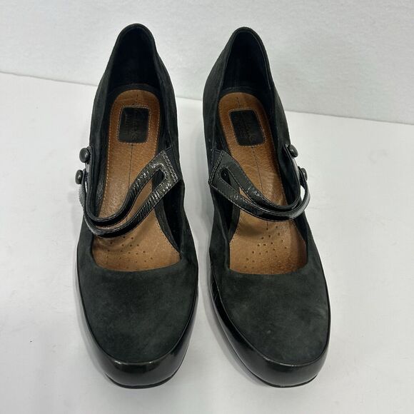 Clarks Diamond Suede Patent Leather Black Double Strap Mary Jane Heels Size 10M - Picture 2 of 7